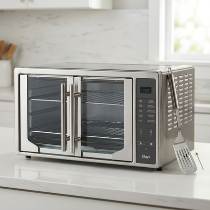 Oster Digital French Door Air Fry Countertop Oven size reference with kitchen spatula
