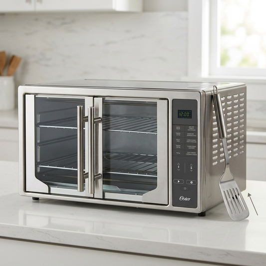 Oster Digital French Door Air Fry Countertop Oven size reference with kitchen spatula
