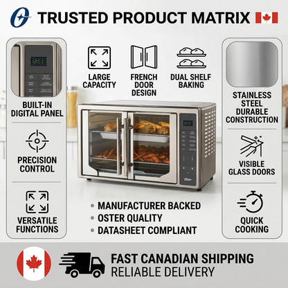 Oster Digital French Door Air Fry Countertop Oven trust and specifications infographic