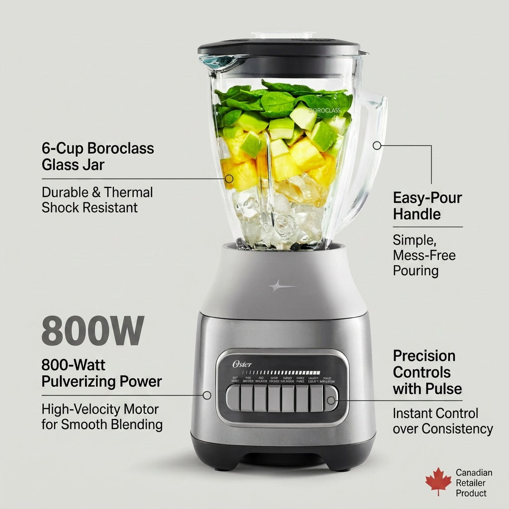 Oster 2143483 Pulverizing Power Blender 800W motor 6-cup Boroclass jar features callout
