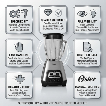 Oster Texture Select Master Series Blender Chrome trust and specifications infographic
