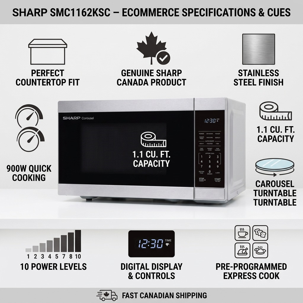 Sharp SMC1162KSC microwave trust and specifications infographic