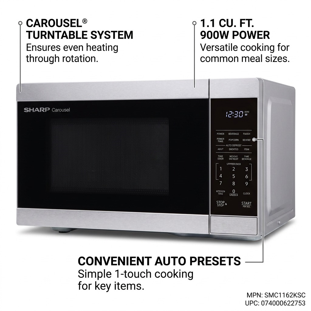 Sharp SMC1162KSC microwave carousel turntable 1.1 cu. ft. auto presets features callout
