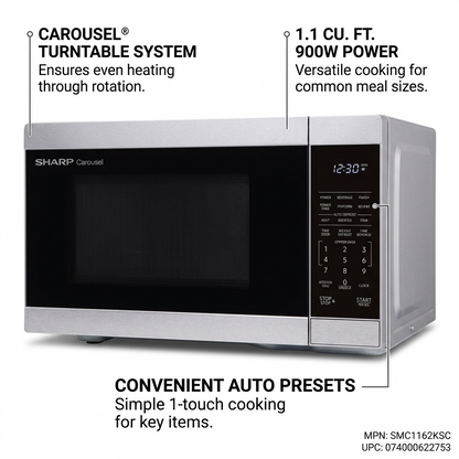 Sharp SMC1162KSC microwave carousel turntable 1.1 cu. ft. auto presets features callout
