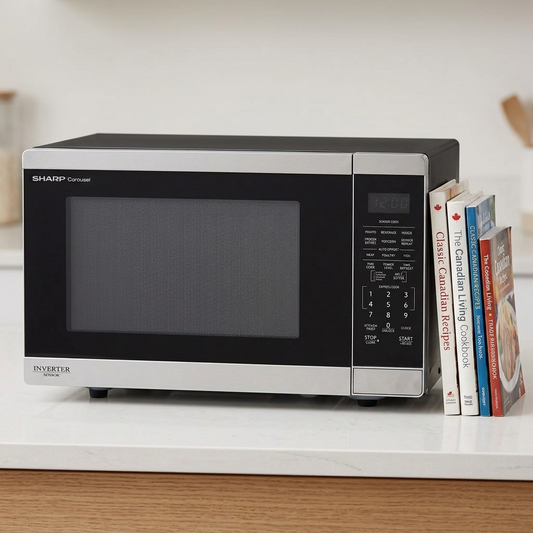 Sharp SMC1464KSC microwave size reference with cookbooks on kitchen counter
