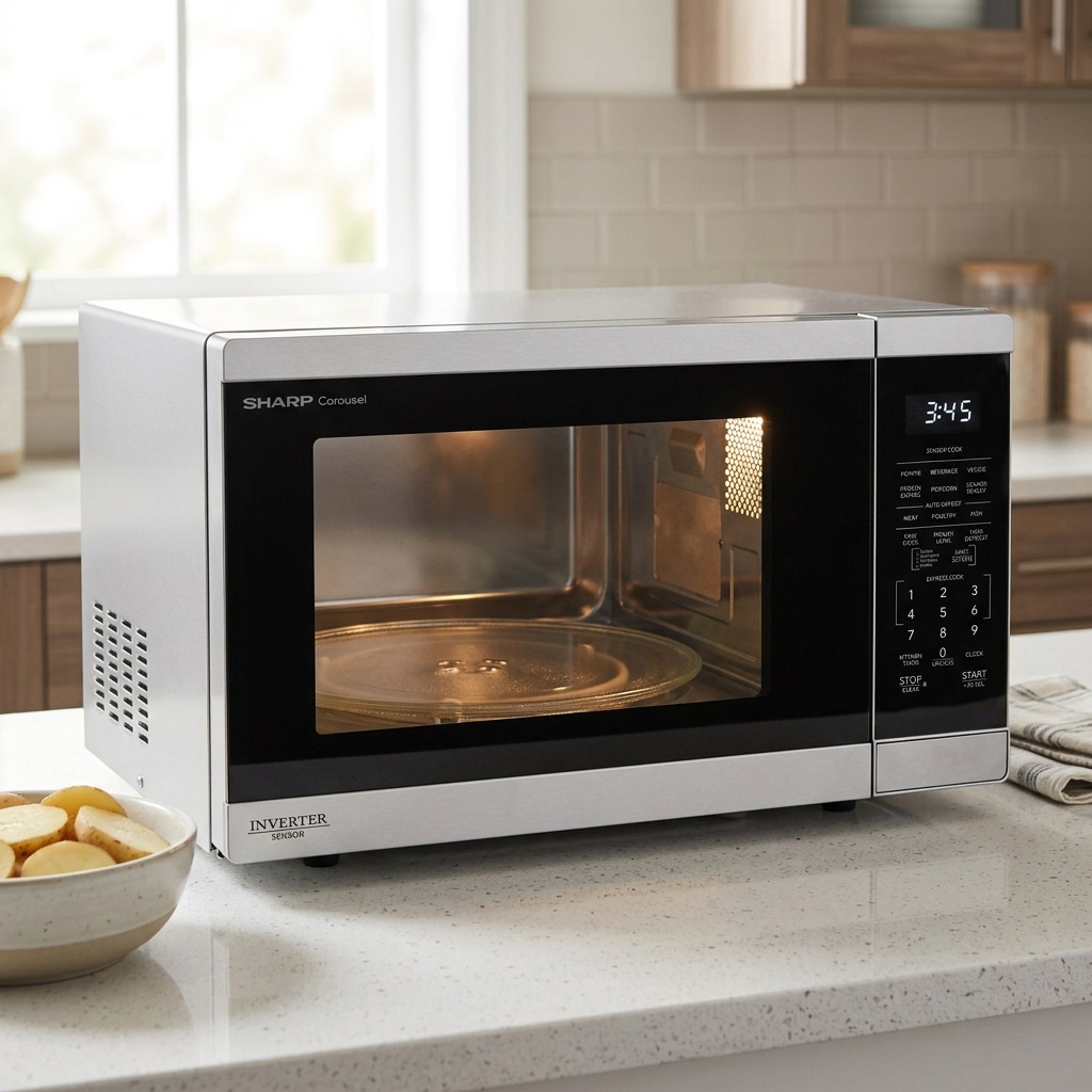 Sharp SMC1464KSC microwave on kitchen counter lifestyle

