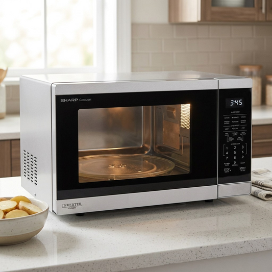 Sharp SMC1464KSC microwave on kitchen counter lifestyle
