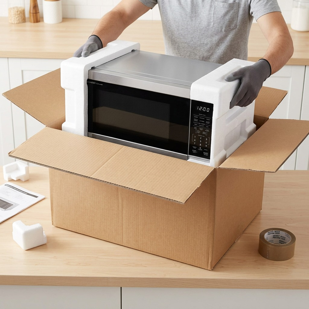 Sharp SMC1664KSC microwave unboxing in styrofoam packaging
