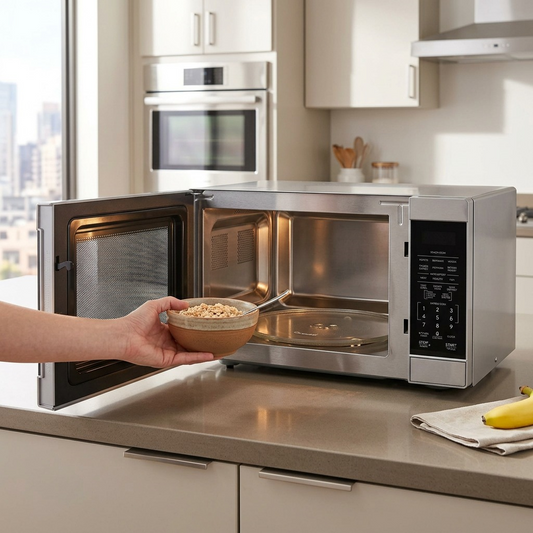 Sharp SMC1664KSC microwave on modern kitchen counter with ceramic bowl lifestyle
