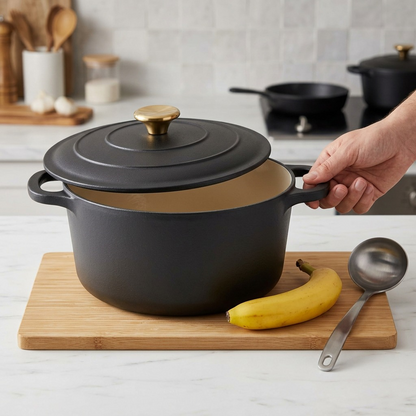 Tramontina Bestow 5.5 Qt Dutch Oven Matte Black size reference with banana and hand
