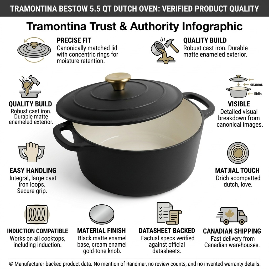 Tramontina Bestow 5.5 Qt Dutch Oven Matte Black trust and specifications infographic