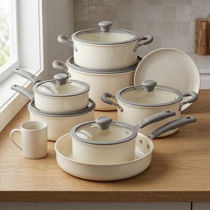 Tramontina 11-Piece Nesting Cookware Set Pearl White size reference with mug
