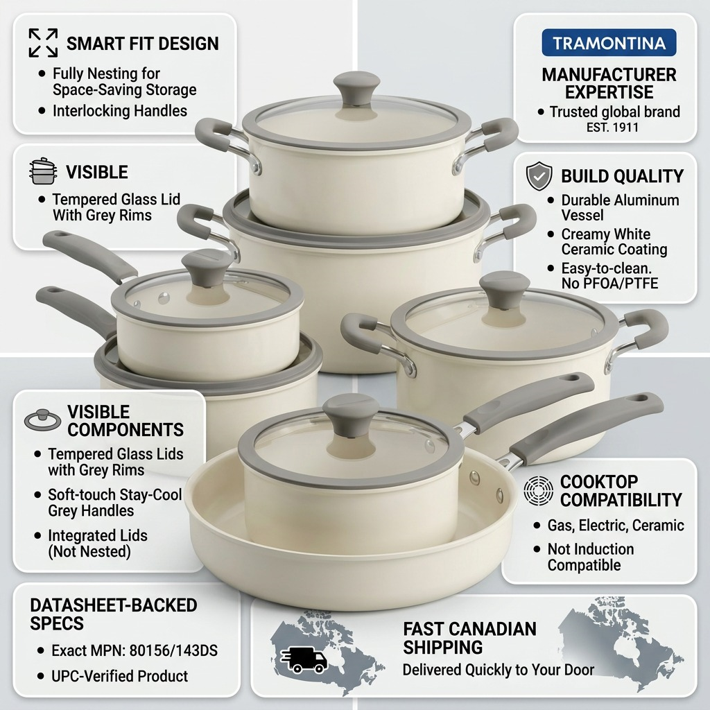 Tramontina 11-Piece Nesting Cookware Set Pearl White trust and specifications infographic