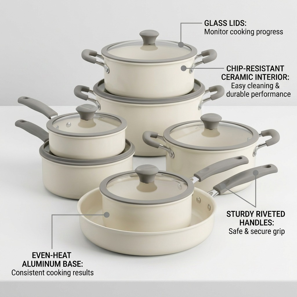 Tramontina 11-Piece Nesting Cookware Set porcelain enamel ceramic features callout
