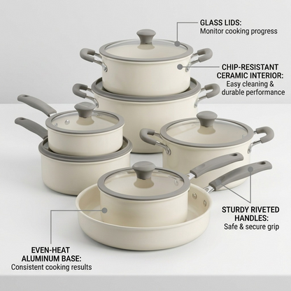 Tramontina 11-Piece Nesting Cookware Set porcelain enamel ceramic features callout
