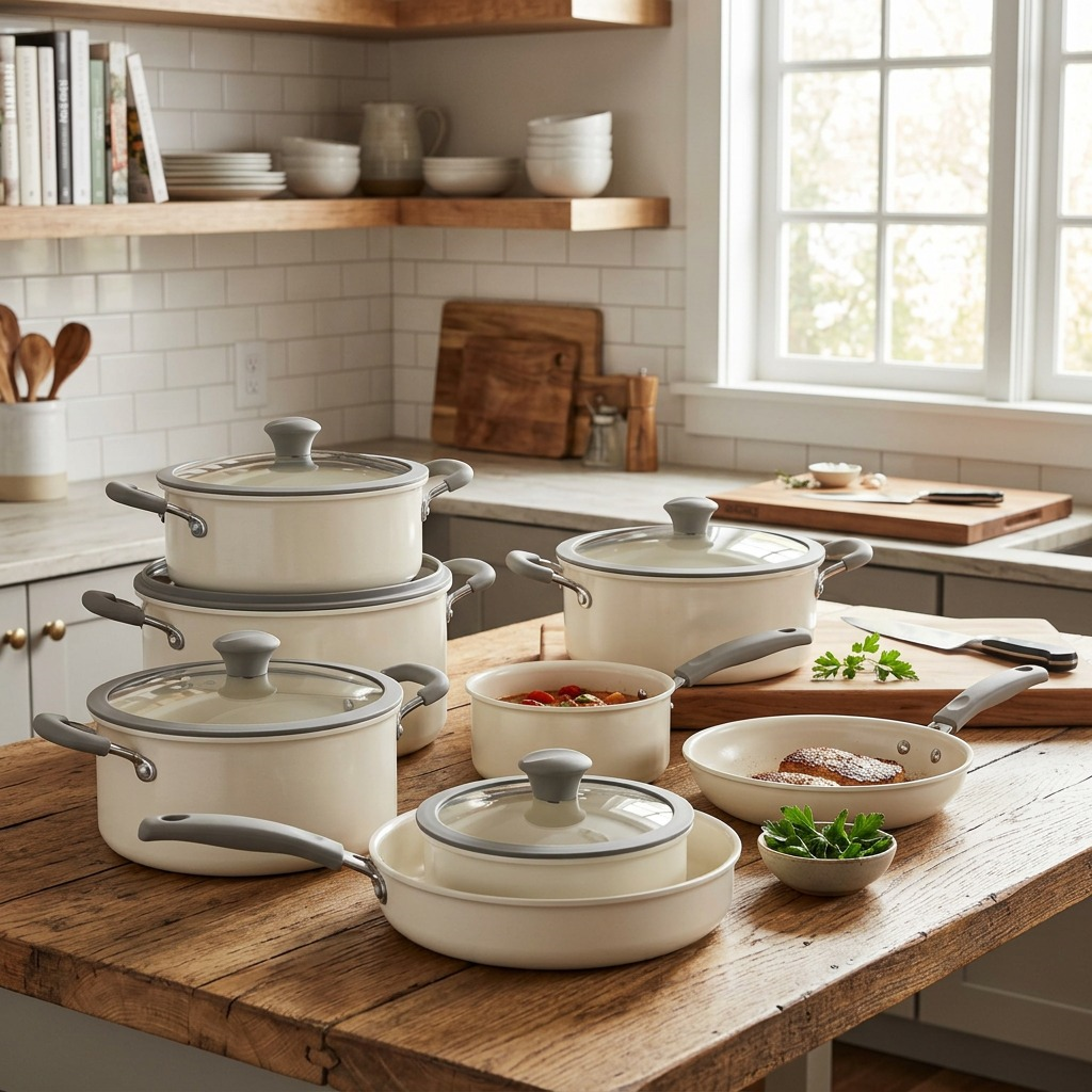 Tramontina 11-Piece Nesting Cookware Set Pearl White on rustic wood counter lifestyle
