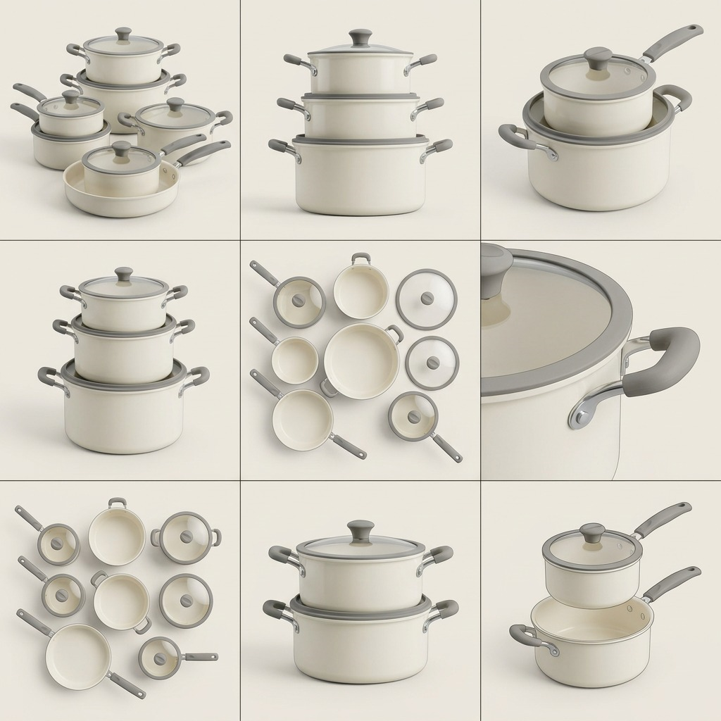 Tramontina 11-Piece Nesting Cookware Set Pearl White multi-angle view
