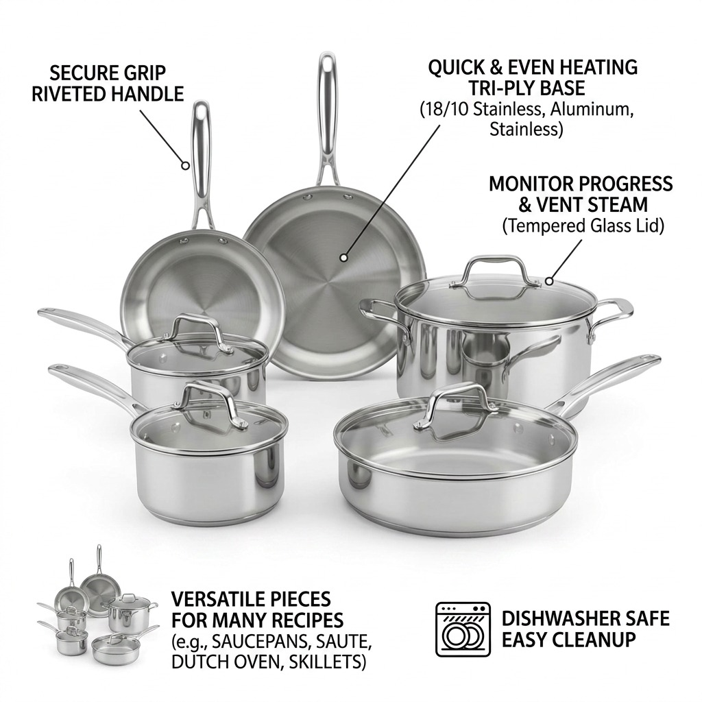Tramontina Tempo 10-Piece Cookware Set heat distribution comfort handles features callout
