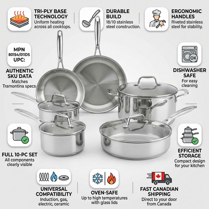 Tramontina Tempo 10-Piece Cookware Set Stainless Steel trust and specifications infographic