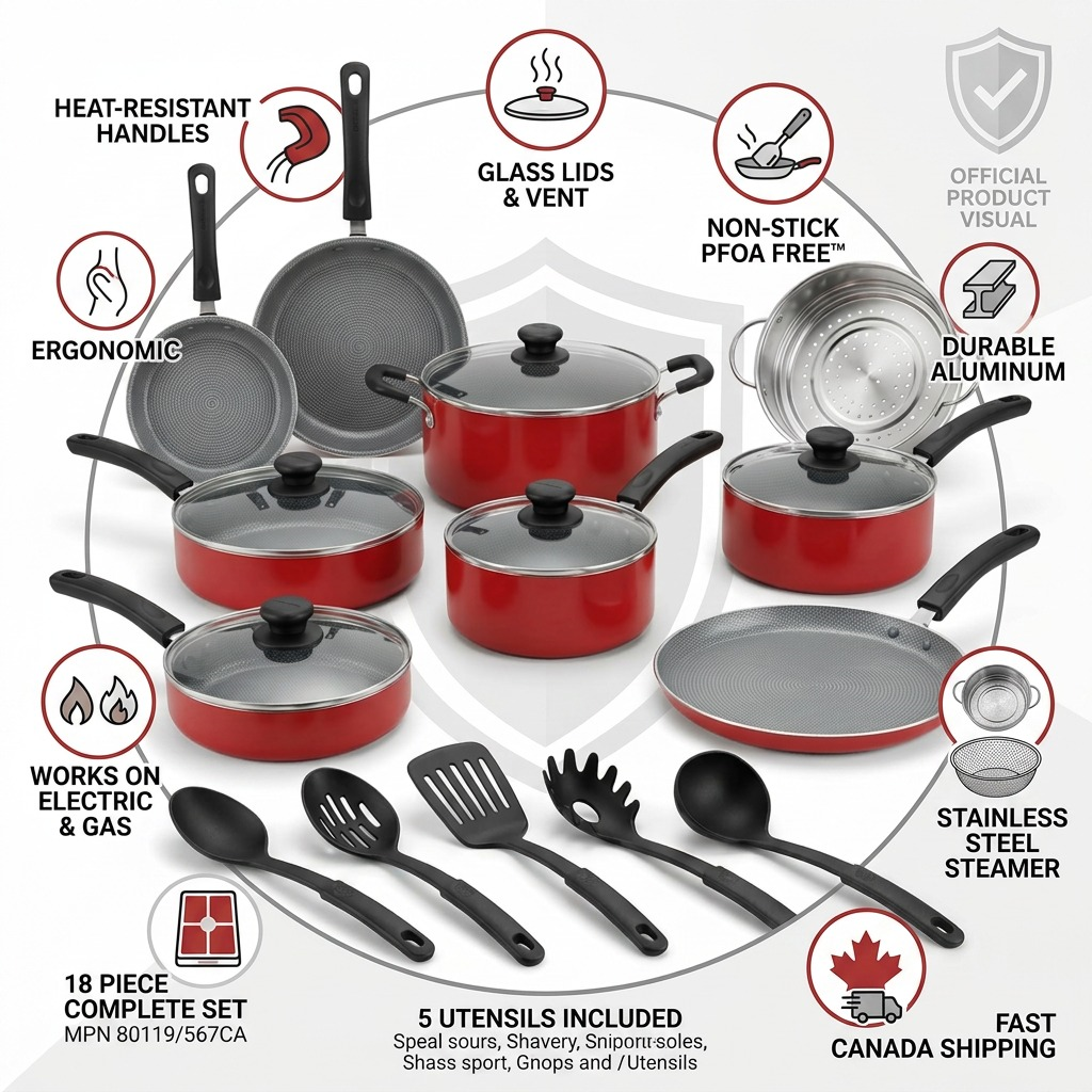 Tramontina 18-Piece Nonstick Cookware Set Red trust and specifications infographic