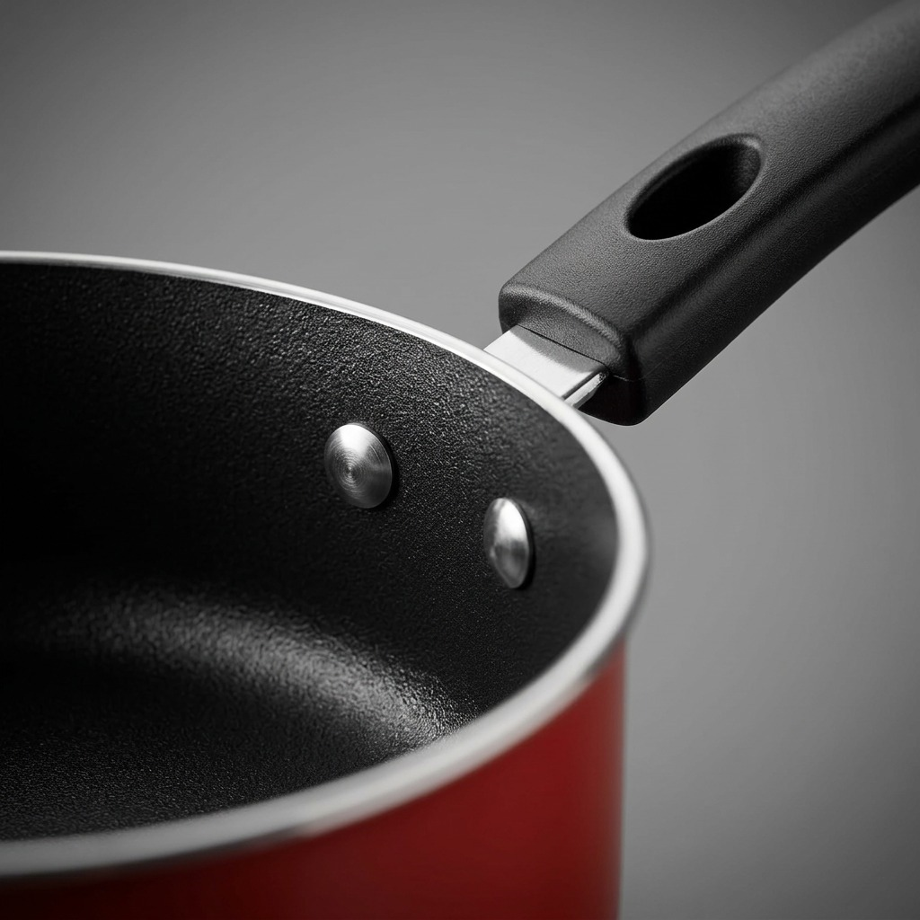 Tramontina 18-Piece Nonstick Cookware Set black nonstick surface red exterior close-up
