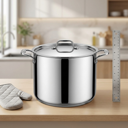 Tramontina Tri-Ply Base Covered Stock Pot 12 Qt size reference with ruler
