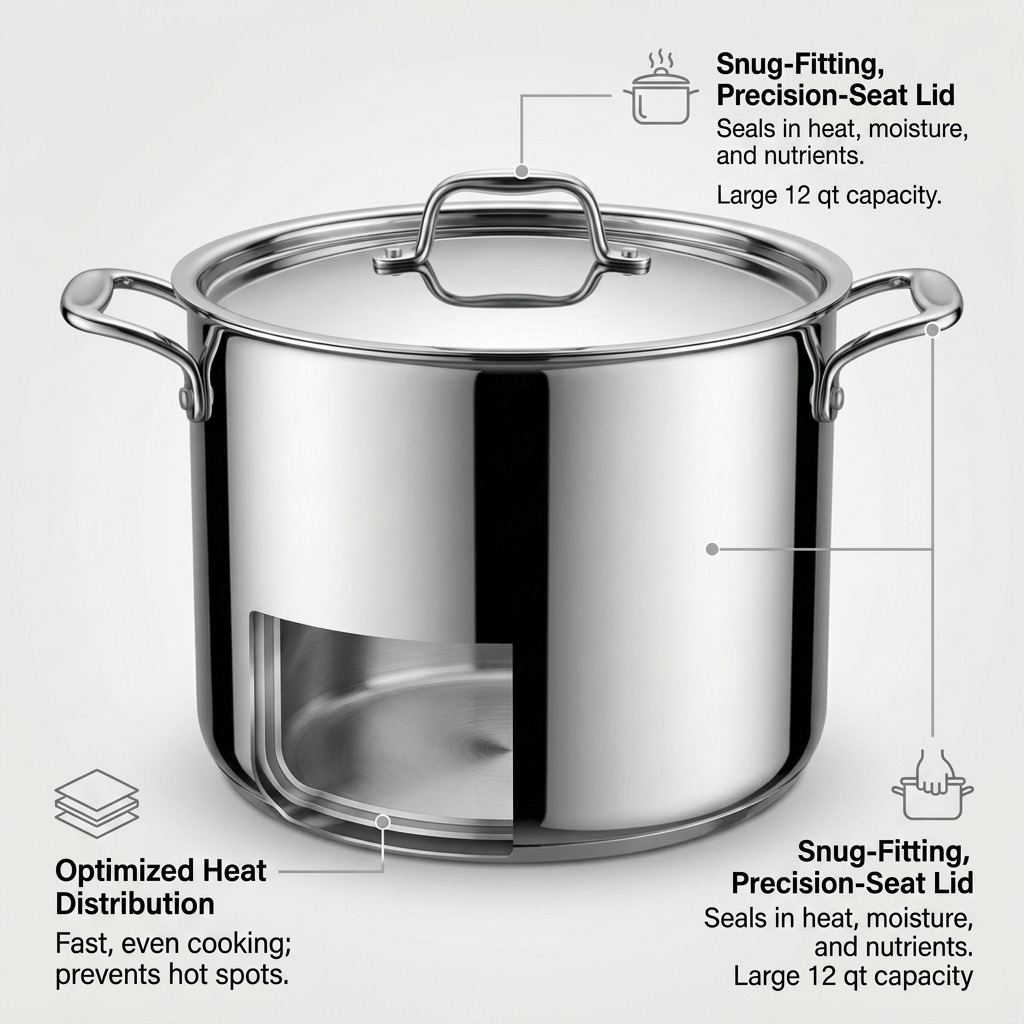 Tramontina Tri-Ply Base Covered Stock Pot 12 Qt features and benefits callout
