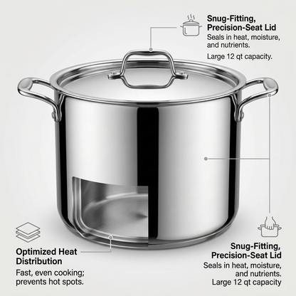 Tramontina Tri-Ply Base Covered Stock Pot 12 Qt features and benefits callout

