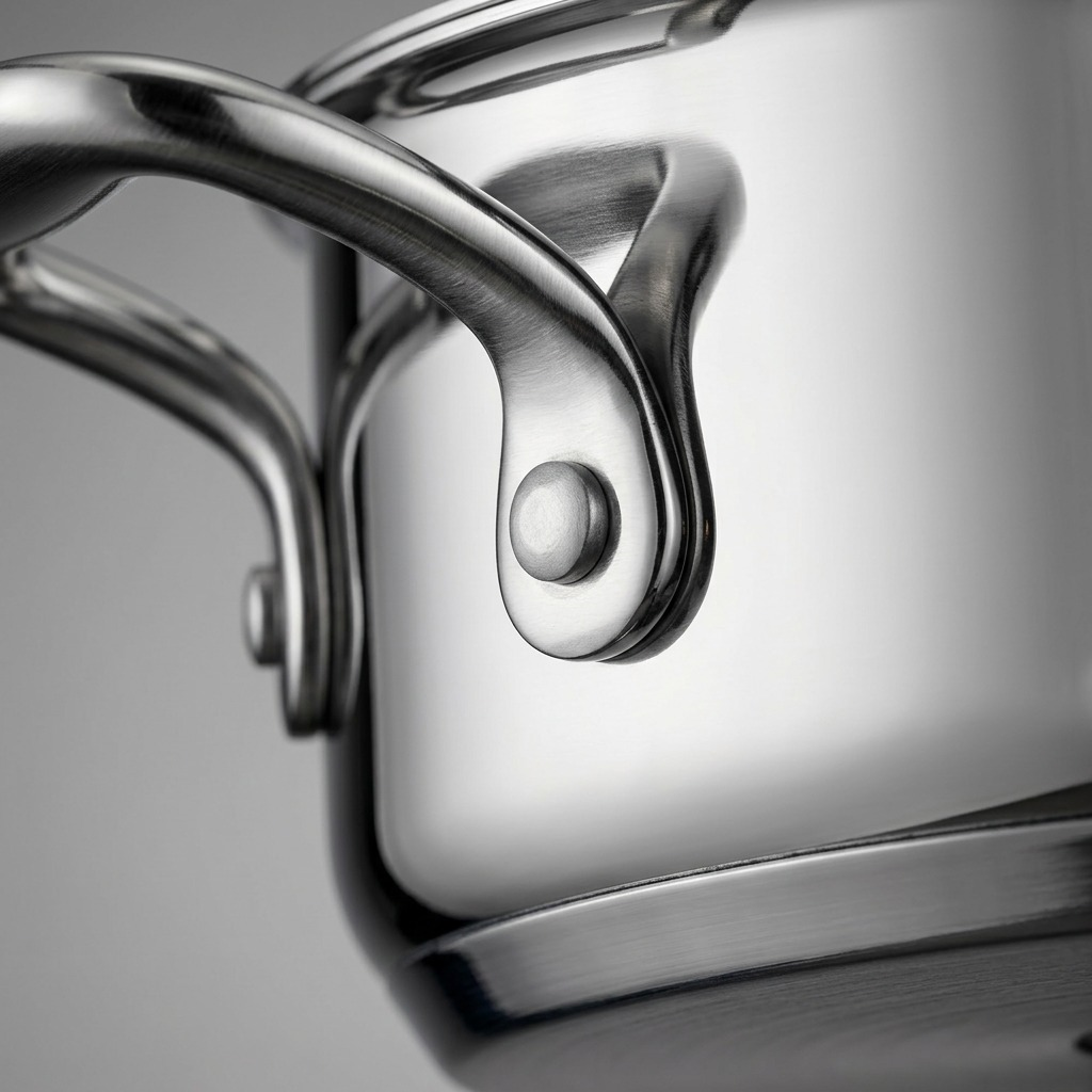 Tramontina Tri-Ply Base Stock Pot handle rivet and seam close-up
