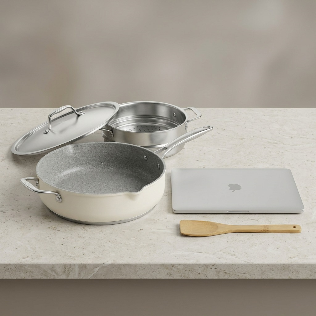 Tramontina All-In-One Plus Pan 5 Qt Sea Salt size reference with laptop
