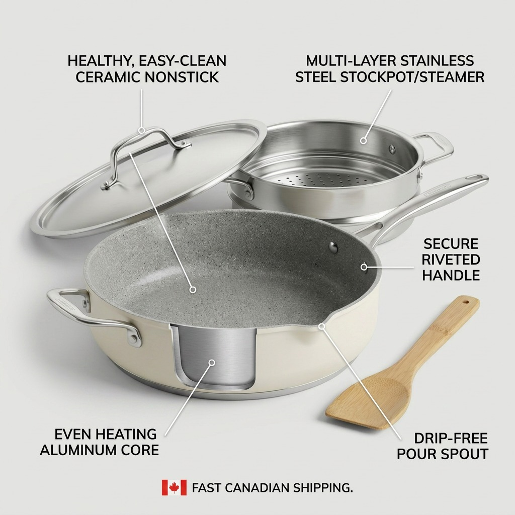 Tramontina All-In-One Plus Pan 5 Qt ceramic nonstick stainless steamer features callout

