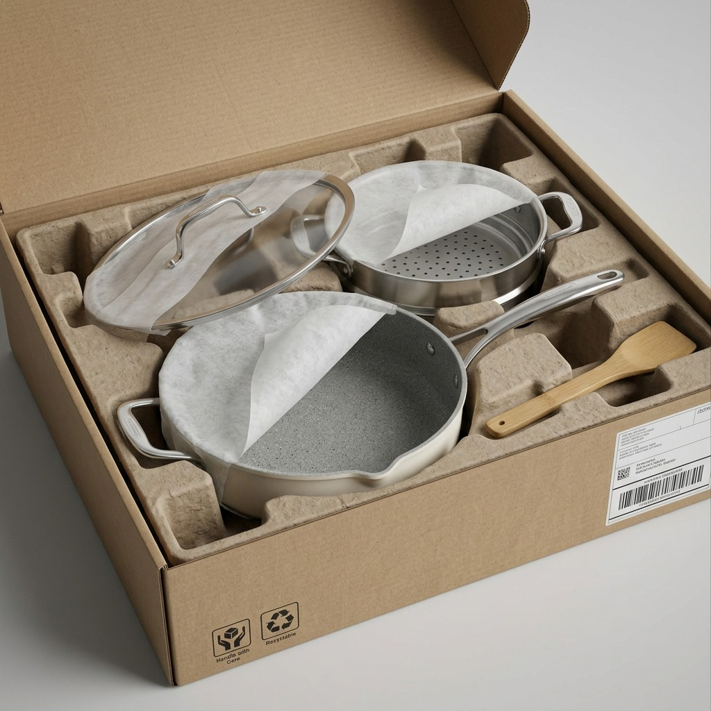 Tramontina All-In-One Plus Pan 5 Qt Sea Salt unboxing in foam packaging
