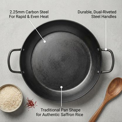 Tramontina 15-Inch Carbon Steel Paella Pan 2.25mm thickness steel handles features callout