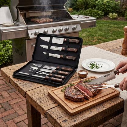 Tramontina Churrasco BBQ 8-Piece Carving Set on outdoor wooden table lifestyle
