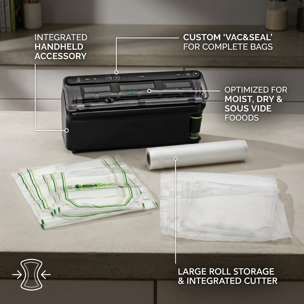 FoodSaver Elite Vacuum Sealer VS5910 handheld accessory custom sealing roll storage features callout
