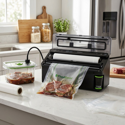 FoodSaver Elite All-in-One Vacuum Sealer sealing marinated meat — Meal Prep Pro Bundle component