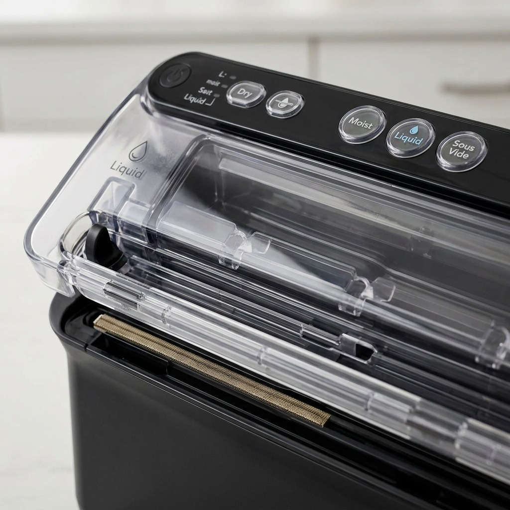 FoodSaver Elite Vacuum Sealer VS5910 control panel and liquid reservoir close-up
