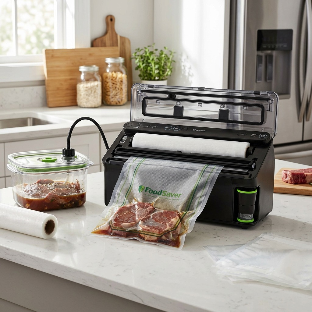 FoodSaver Elite Vacuum Sealer VS5910 Silver sealing marinated meat on kitchen counter
