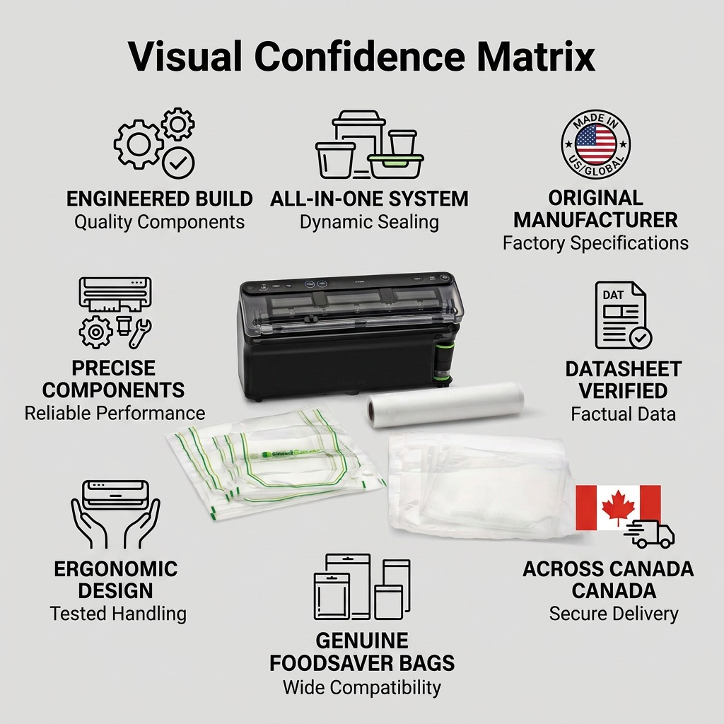 FoodSaver Elite Vacuum Sealer VS5910 Silver trust and specifications infographic
