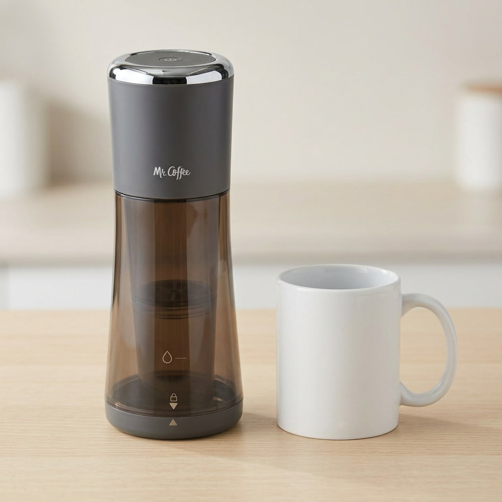 Mr. Coffee Express Cold Brew Maker Sake size reference with mug