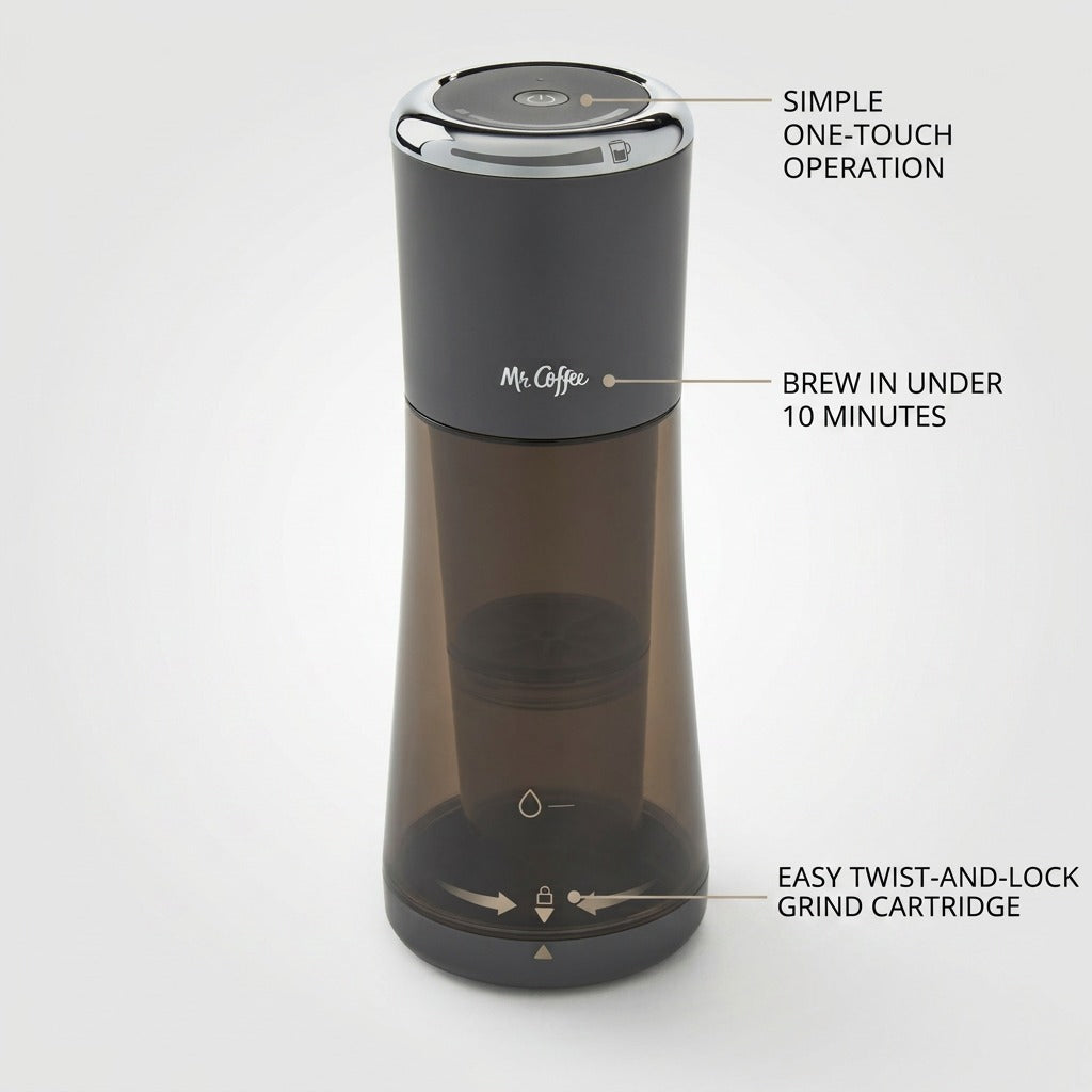 Mr. Coffee Express Cold Brew Maker one-touch 10-minute twist-lock features callout