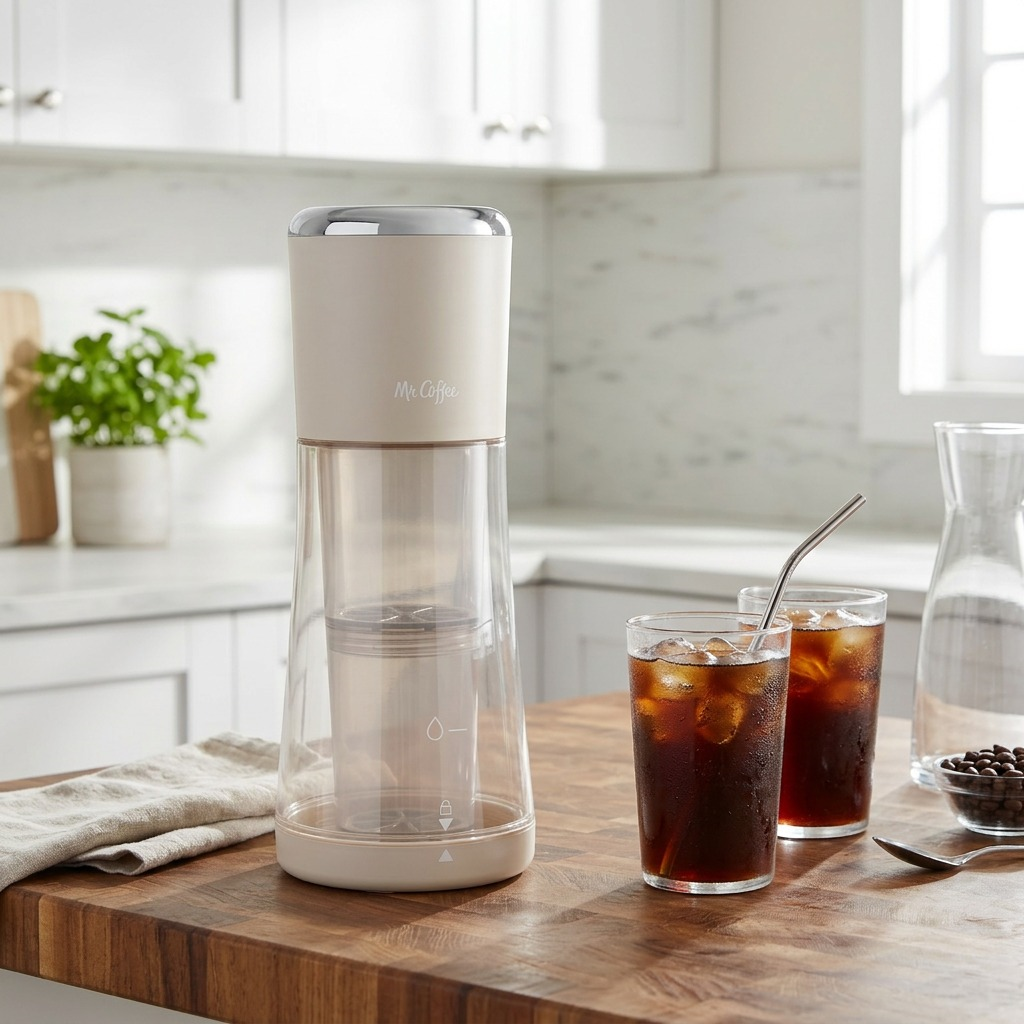 Mr. Coffee Express Cold Brew Maker Oat Milk on kitchen counter lifestyle