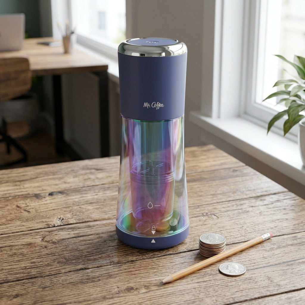 Mr. Coffee Express Cold Brew Maker Indigo size reference with quarter and pencil