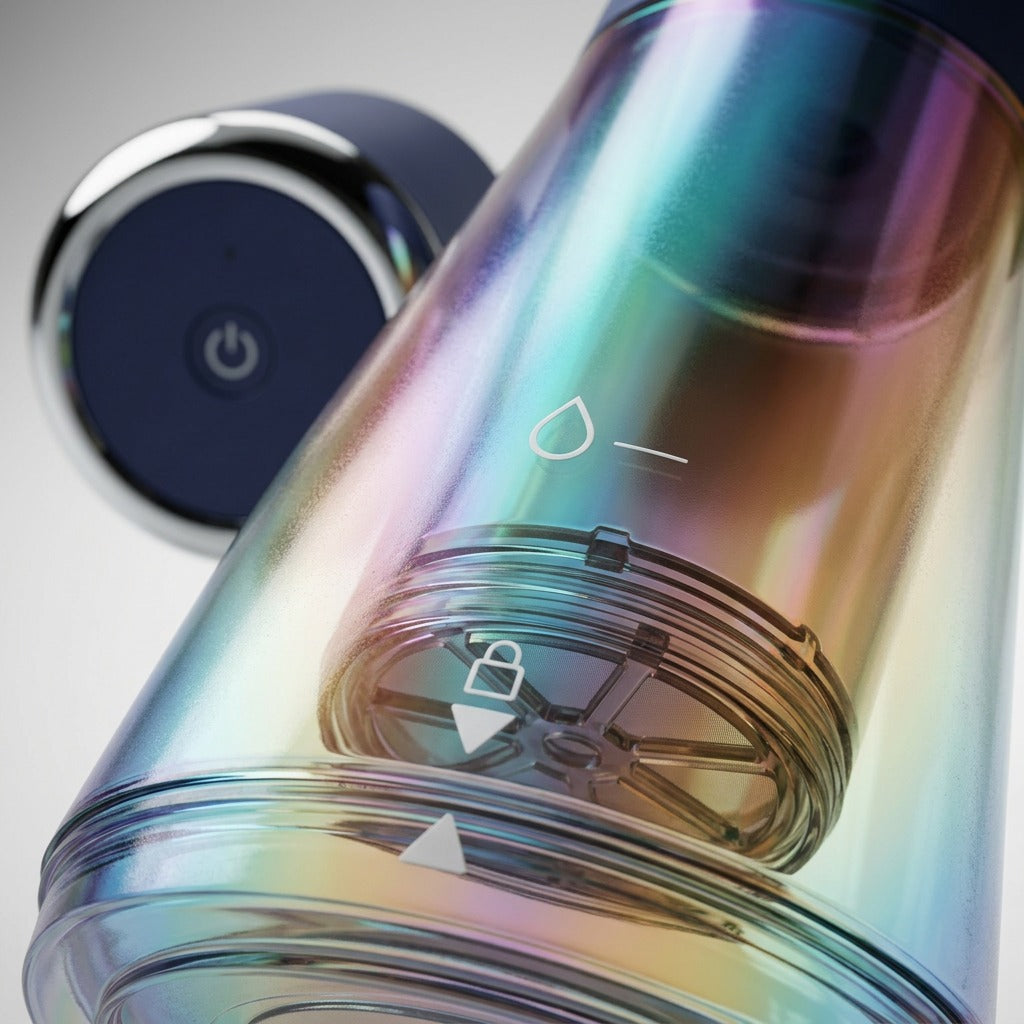 Mr. Coffee Express Cold Brew Maker Indigo iridescent carafe and water-line markings close-up