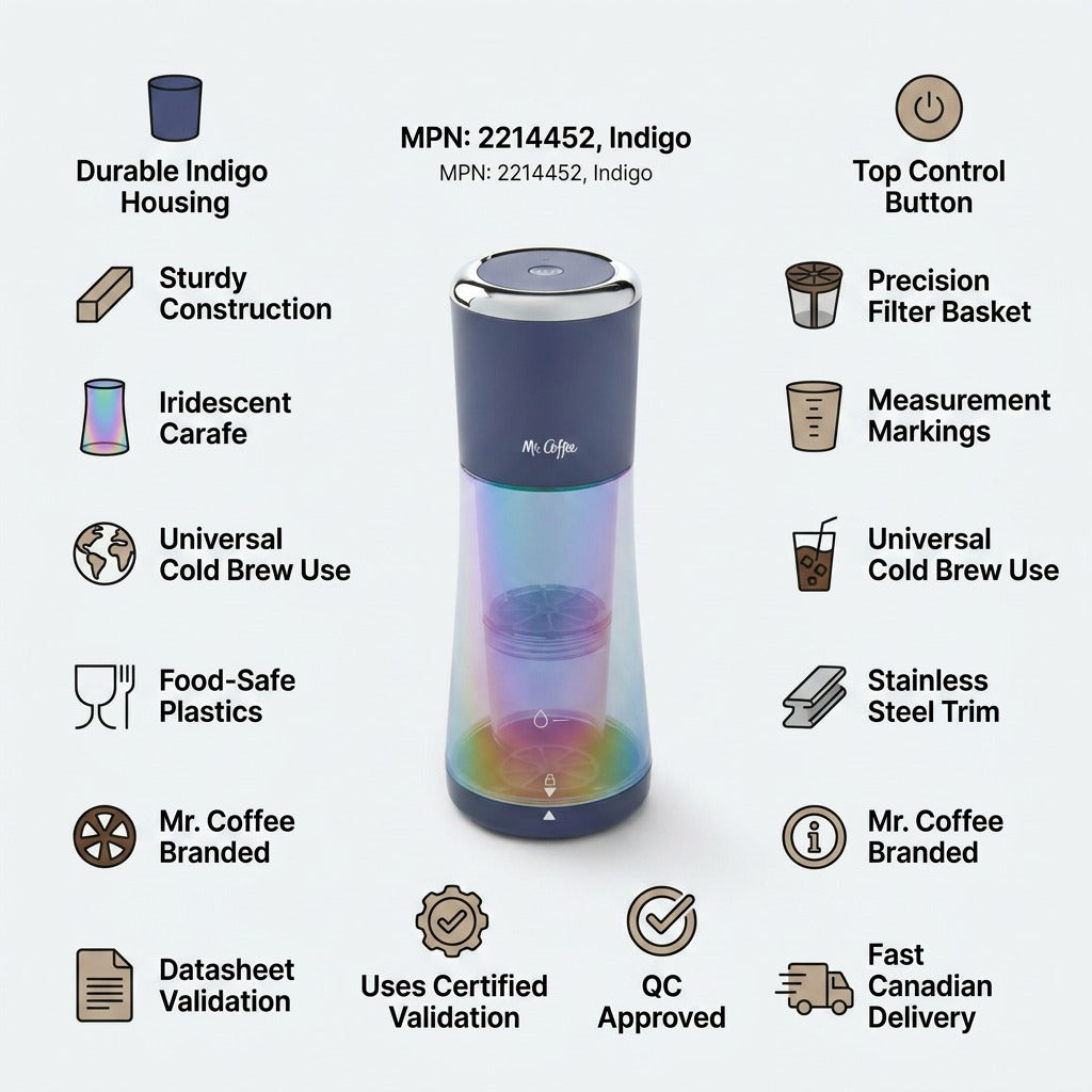 Mr. Coffee Express Cold Brew Maker Indigo trust and specifications infographic