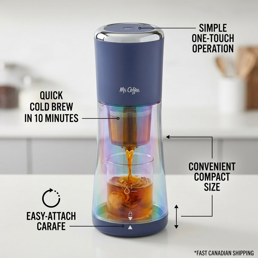 Mr. Coffee Express Cold Brew Maker Indigo features callout