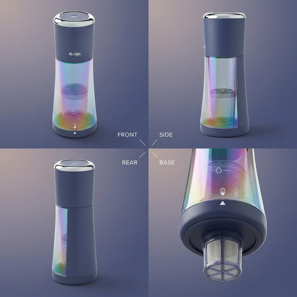 Mr. Coffee Express Cold Brew Maker Indigo multi-angle view with filter detail
