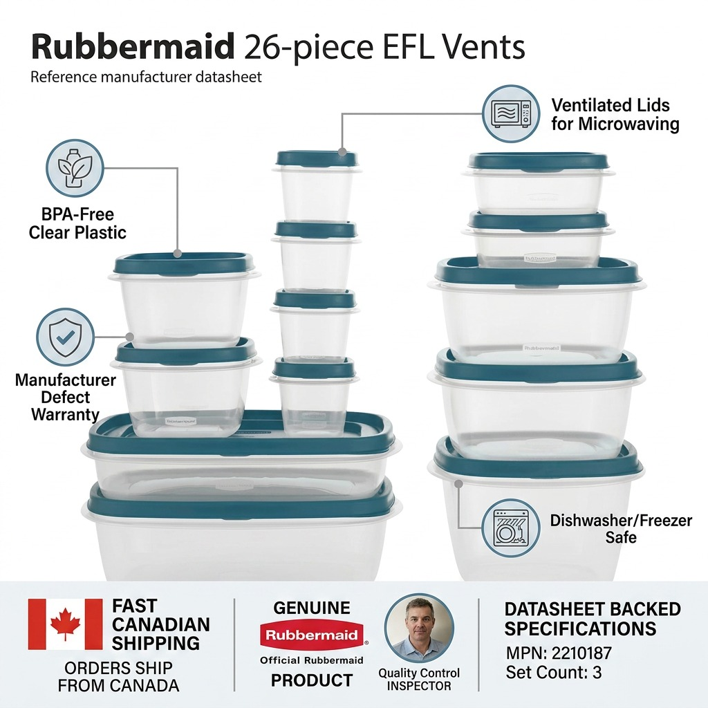 Rubbermaid EasyFindLids 26-Piece trust and specifications infographic