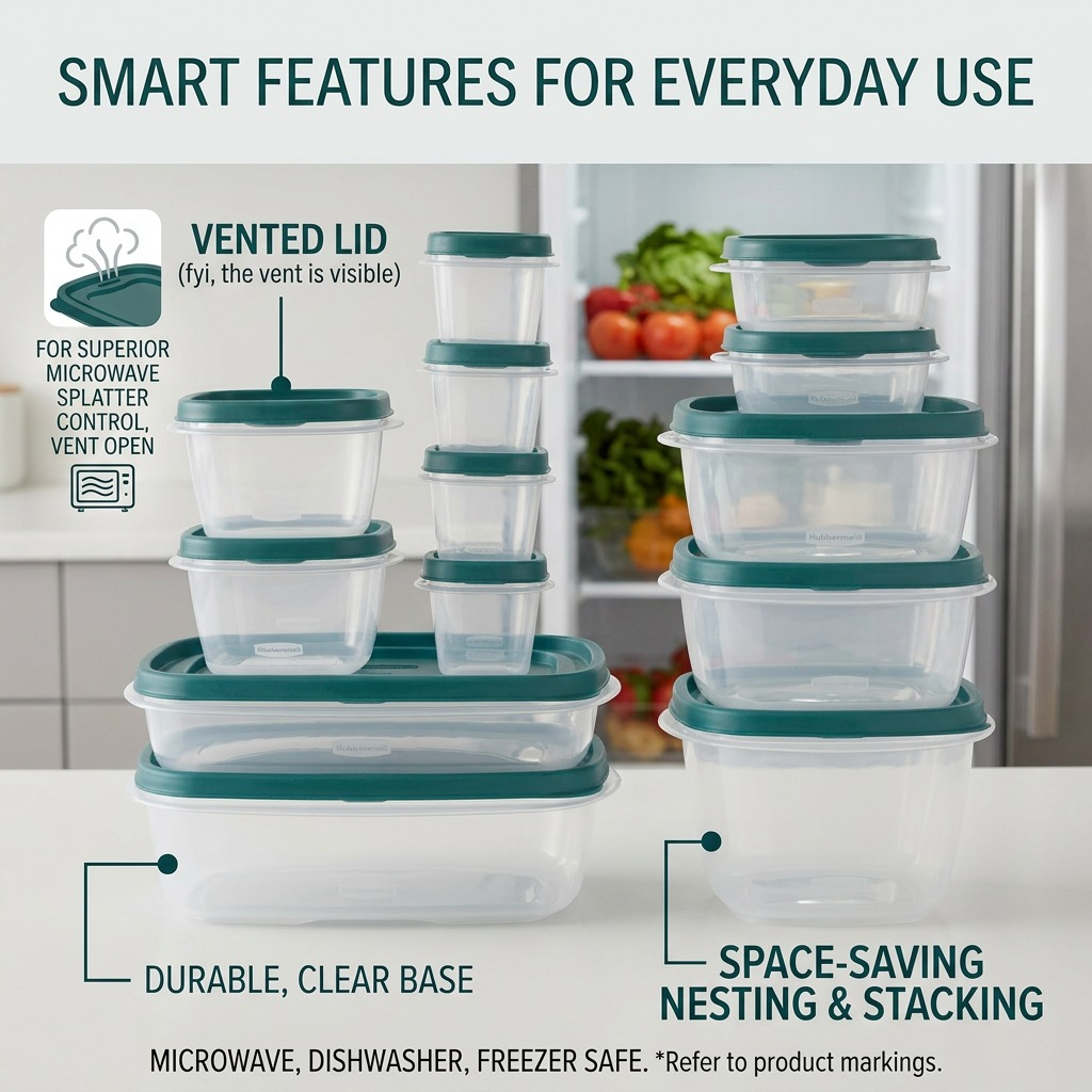 Rubbermaid EasyFindLids 26-Piece features vented lids nesting clear design callout