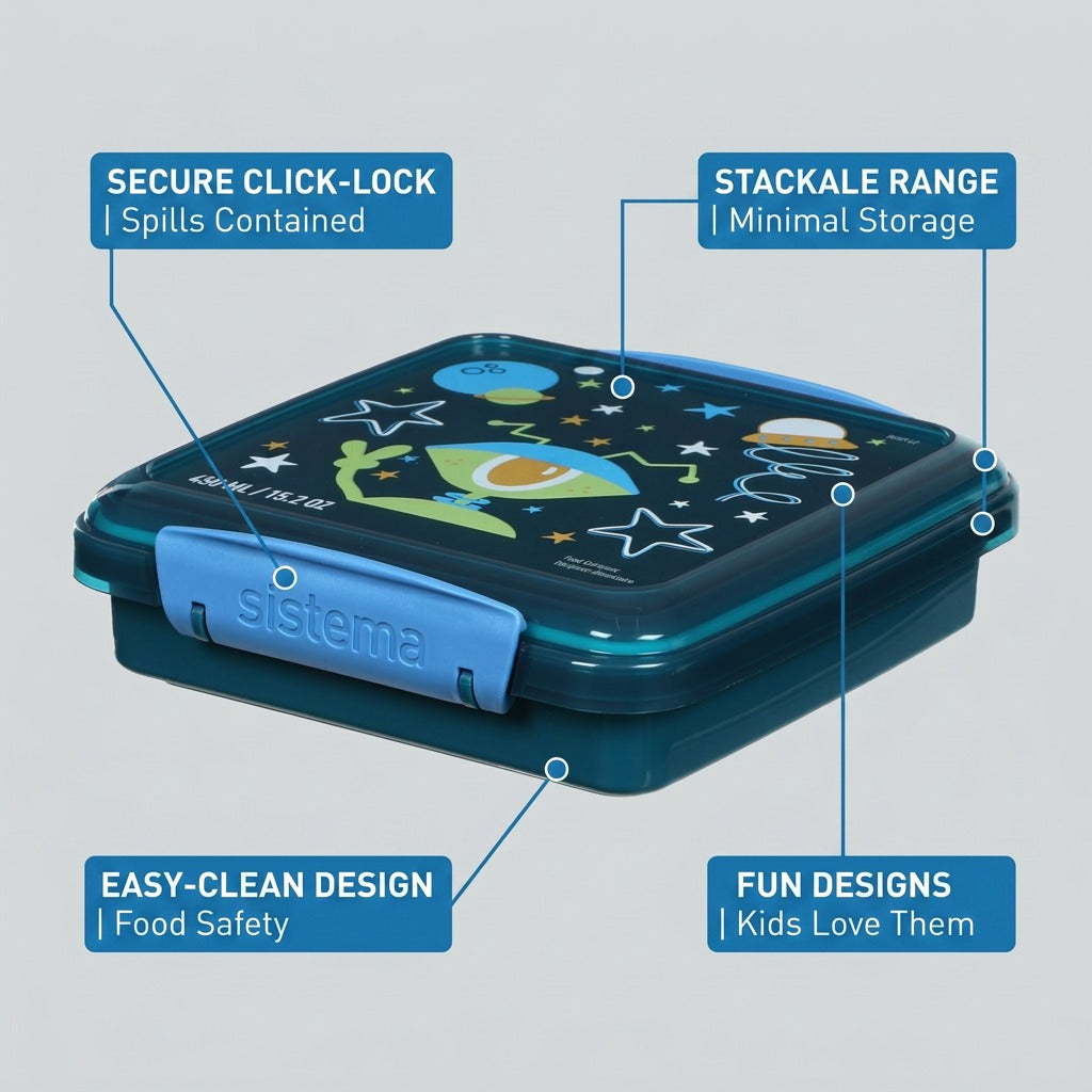 Sistema Kids Sandwich Box secure clips and stackable design features callout